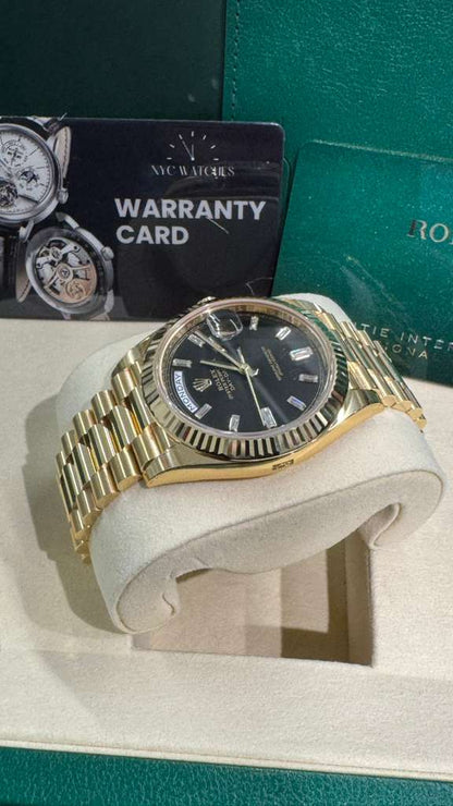 Rolex Presidential Yellow Gold Day-Date 40MM - President Bracelet Watch - Black Baguette Diamond Dial - 228238-0004