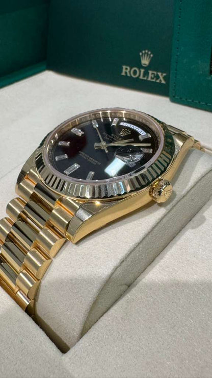 Rolex Presidential Yellow Gold Day-Date 40MM - President Bracelet Watch - Black Baguette Diamond Dial - 228238-0004