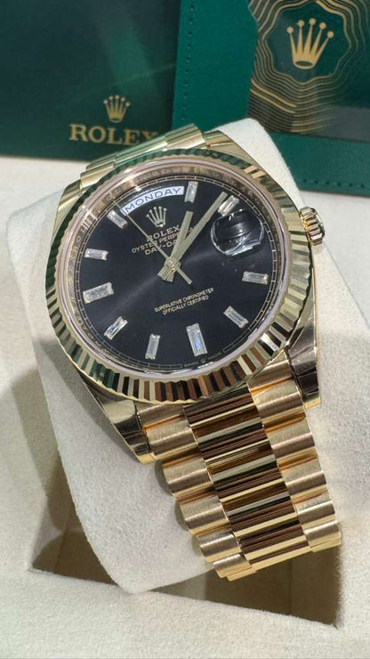 Rolex Presidential Yellow Gold Day-Date 40MM - President Bracelet Watch - Black Baguette Diamond Dial - 228238-0004