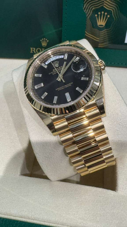 Rolex Presidential Yellow Gold Day-Date 40MM - President Bracelet Watch - Black Baguette Diamond Dial - 228238-0004