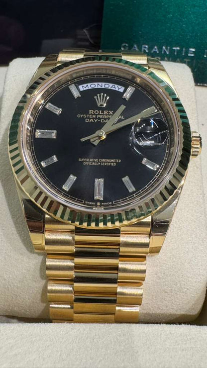 Rolex Presidential Yellow Gold Day-Date 40MM - President Bracelet Watch - Black Baguette Diamond Dial - 228238-0004