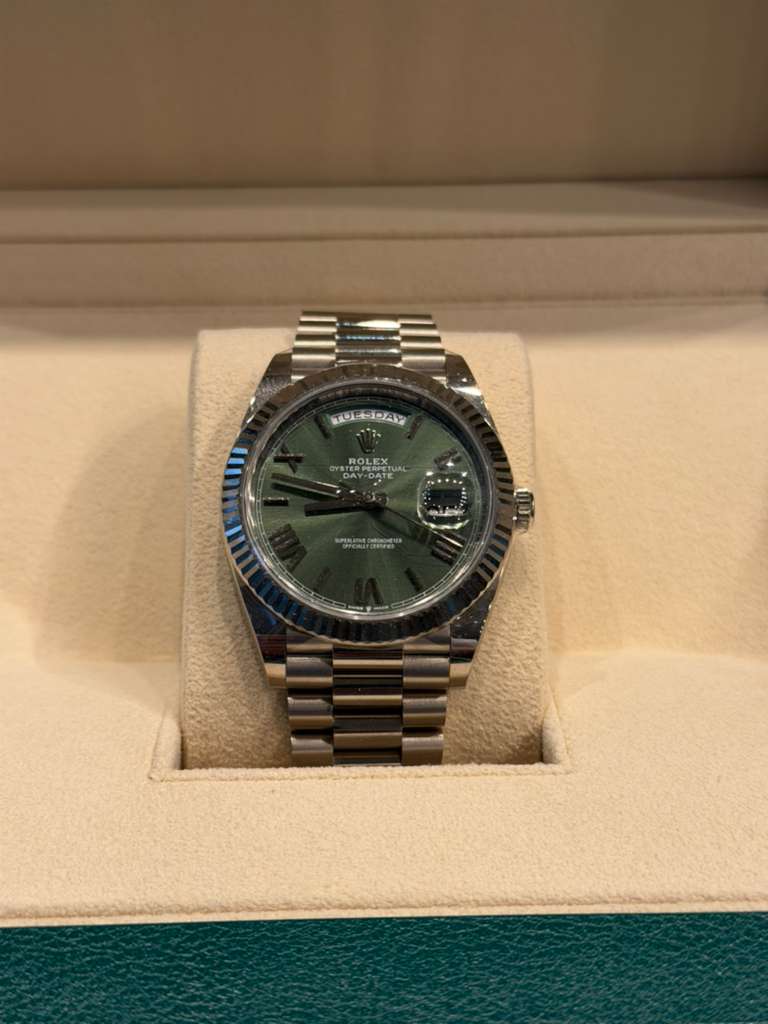 Rolex Presidential White Gold Day-Date 40MM - President Bracelet Watch - Olive Green Bevelled Roman Dial - 228239-0033
