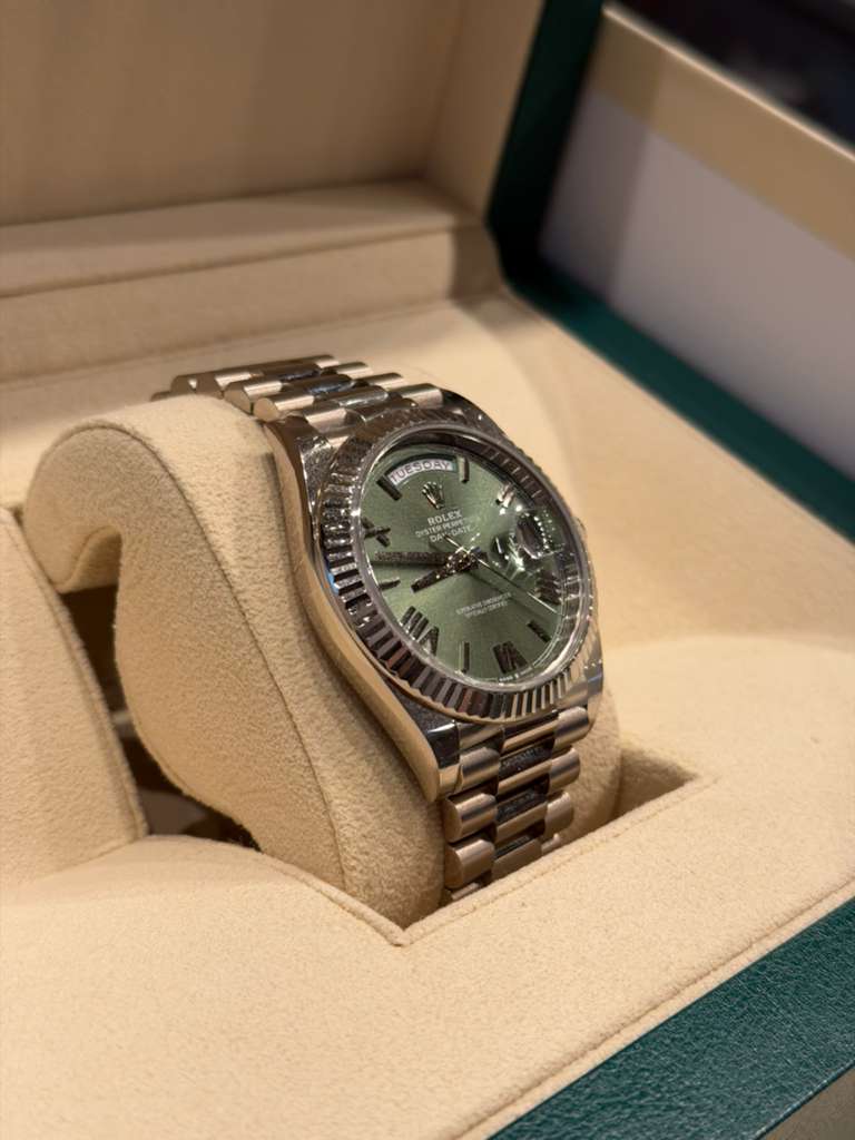 Rolex Presidential White Gold Day-Date 40MM - President Bracelet Watch - Olive Green Bevelled Roman Dial - 228239-0033