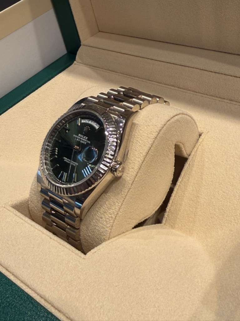 Rolex Presidential White Gold Day-Date 40MM - President Bracelet Watch - Olive Green Bevelled Roman Dial - 228239-0033