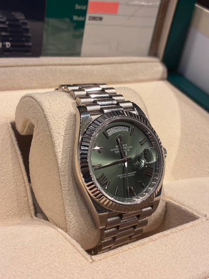 Rolex Presidential White Gold Day-Date 40MM - President Bracelet Watch - Olive Green Bevelled Roman Dial - 228239-0033