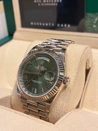 Rolex Presidential White Gold Day-Date 40MM - President Bracelet Watch - Olive Green Bevelled Roman Dial - 228239-0033