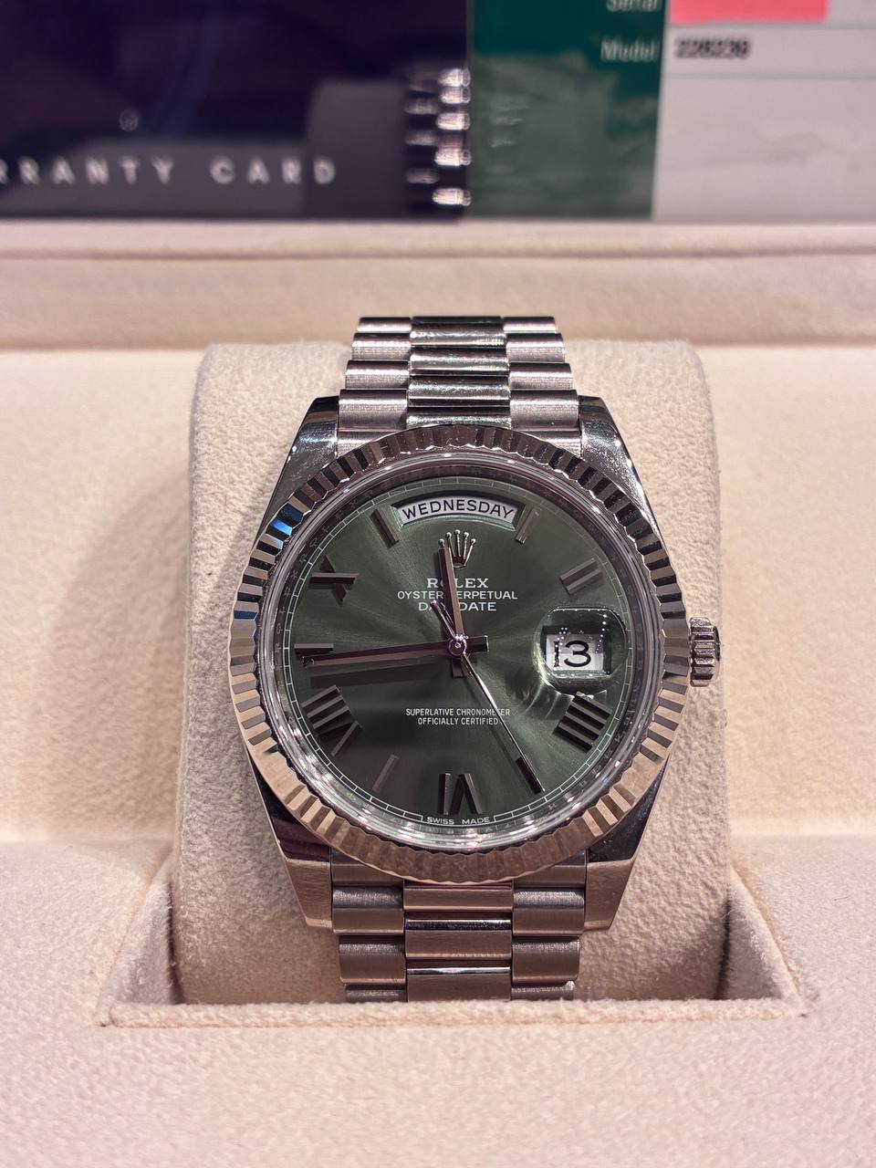Rolex Presidential White Gold Day-Date 40MM - President Bracelet Watch - Olive Green Bevelled Roman Dial - 228239-0033