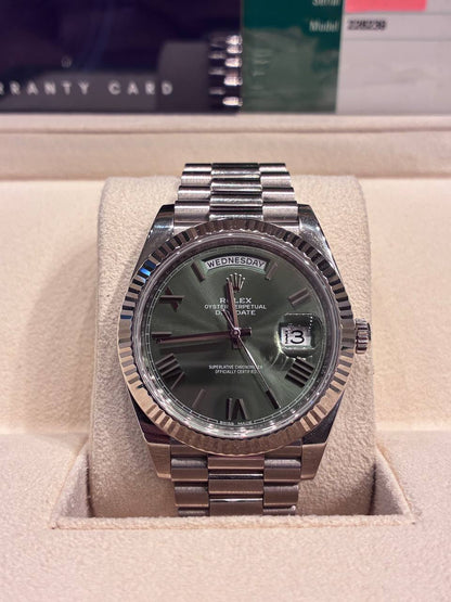 Rolex Presidential White Gold Day-Date 40MM - President Bracelet Watch - Olive Green Bevelled Roman Dial - 228239-0033