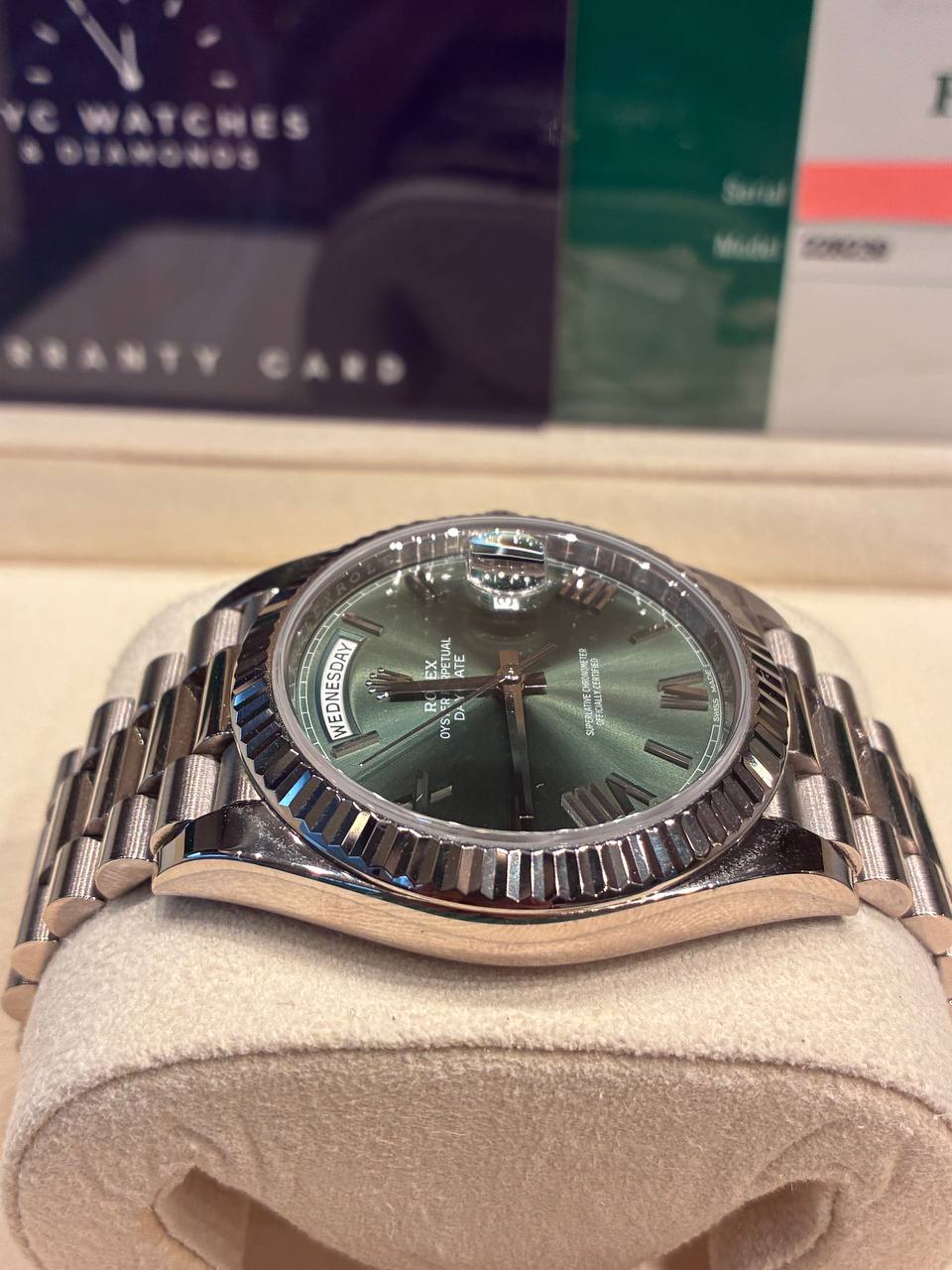 Rolex Presidential White Gold Day-Date 40MM - President Bracelet Watch - Olive Green Bevelled Roman Dial - 228239-0033