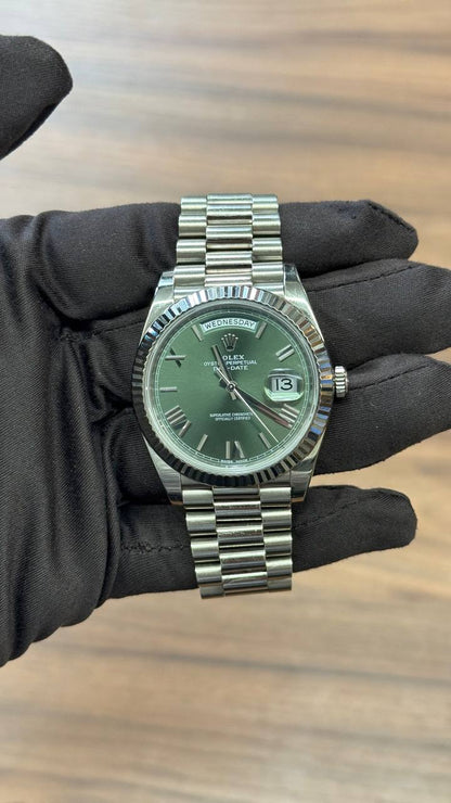 Rolex Presidential White Gold Day-Date 40MM - President Bracelet Watch - Olive Green Bevelled Roman Dial - 228239-0033