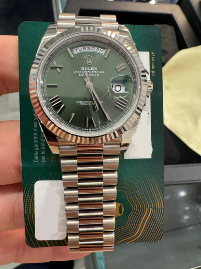 Rolex Presidential White Gold Day-Date 40MM - President Bracelet Watch - Olive Green Bevelled Roman Dial - 228239-0033