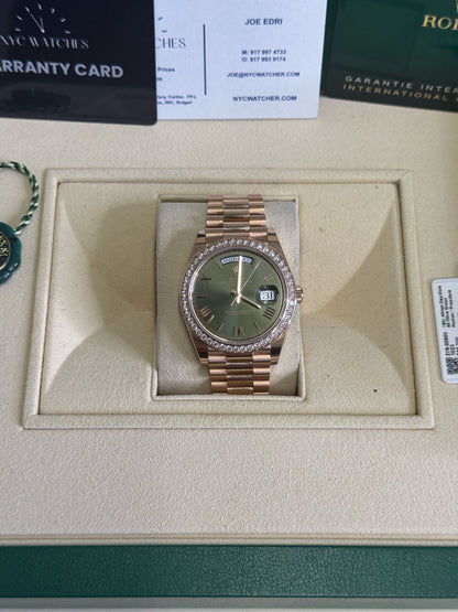 Rolex Presidential Everose Gold Day-Date 40MM - President Bracelet Watch - Olive Roman Dial -  228345RBR-0011