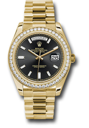 Rolex Presidential Yellow Gold Day-Date 40MM - President Bracelet - Diamond Bezel - Black Baguette Diamond Dial - 228348RBR bkbdp