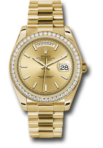 Rolex Yellow Gold Day-Date 40 MM - President Bracelet - Diamond Bezel - Champagne Index Dial - 228348RBR chip