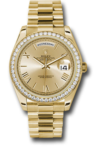 Rolex Yellow Gold Day-Date 40 MM - President Bracelet - Diamond Bezel - Champagne Bevelled Roman Dial - 228348RBR chrp