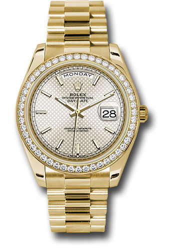 Rolex Yellow Gold Day-Date 40 MM - President Bracelet - Diamond Bezel - Silver Diagonal Motif Index Dial - 228348RBR sdmip