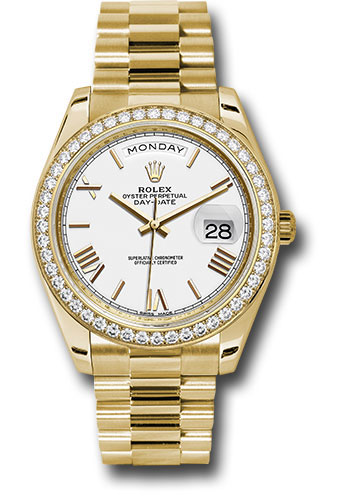 Rolex Yellow Gold Day-Date 40 MM - President Bracelet Watch - Diamond Bezel - White dial - 228348RBR wrp