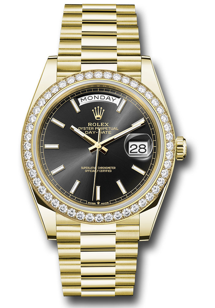 Rolex Yellow Gold Day-Date 40 MM - President Bracelet - Diamond Bezel - Black Index Dial - 228348rbr bkip