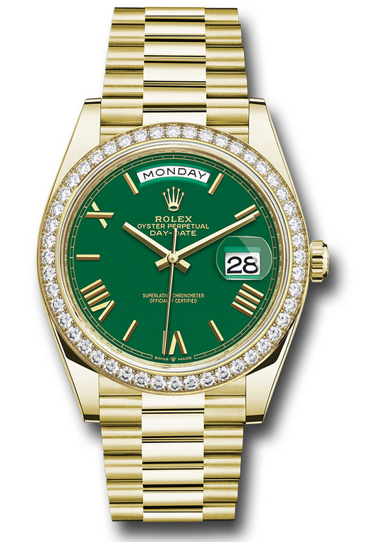 Rolex Yellow Gold Day-Date 40 MM - President Bracelet - Diamond Bezel - Green Roman Dial - 228348rbr grrp