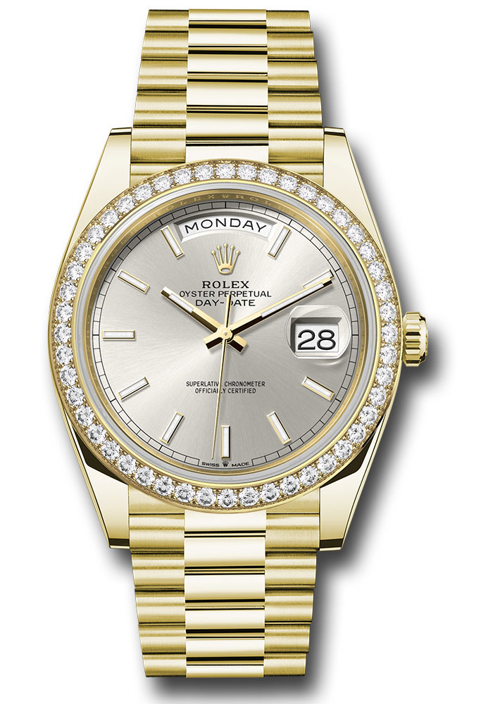 Rolex Yellow Gold Day-Date 40 MM - President Bracelet - Diamond Bezel - Silver Index Dial - 228348rbr sip