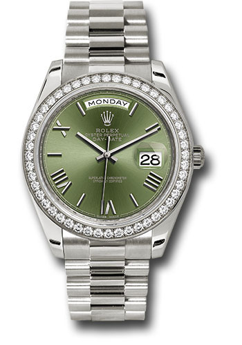 Rolex Presidential White Gold Day-Date 40MM - President Bracelet - Diamond Bezel - Olive Green Bevelled Roman Dial - 228349RBR ogrp