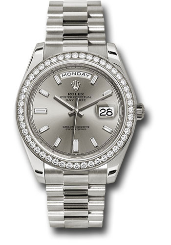 Rolex Presidential White Gold Day-Date 40MM - President Bracelet - Diamond Bezel - Silver Baguette Diamond Dial - 228349RBR sbdp