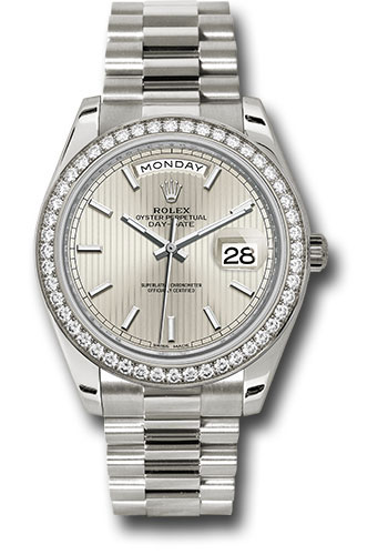 Rolex Presidential White Gold Day-Date 40MM - President Bracelet - Diamond Bezel - Silver Stripe Motif Index Dial - 228349RBR ssmip