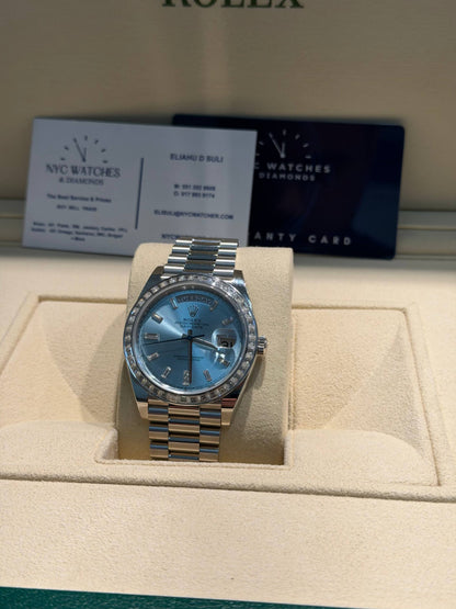 Rolex Presidential Platinum Day-Date 40MM - President Bracelet Watch - Ice Blue Baguette Diamond Dial - 228396TBR-0002