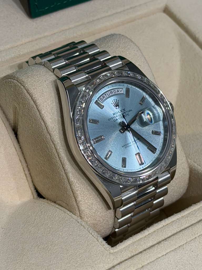 Rolex Presidential Platinum Day-Date 40MM - President Bracelet Watch - Ice Blue Baguette Diamond Dial - 228396TBR-0002