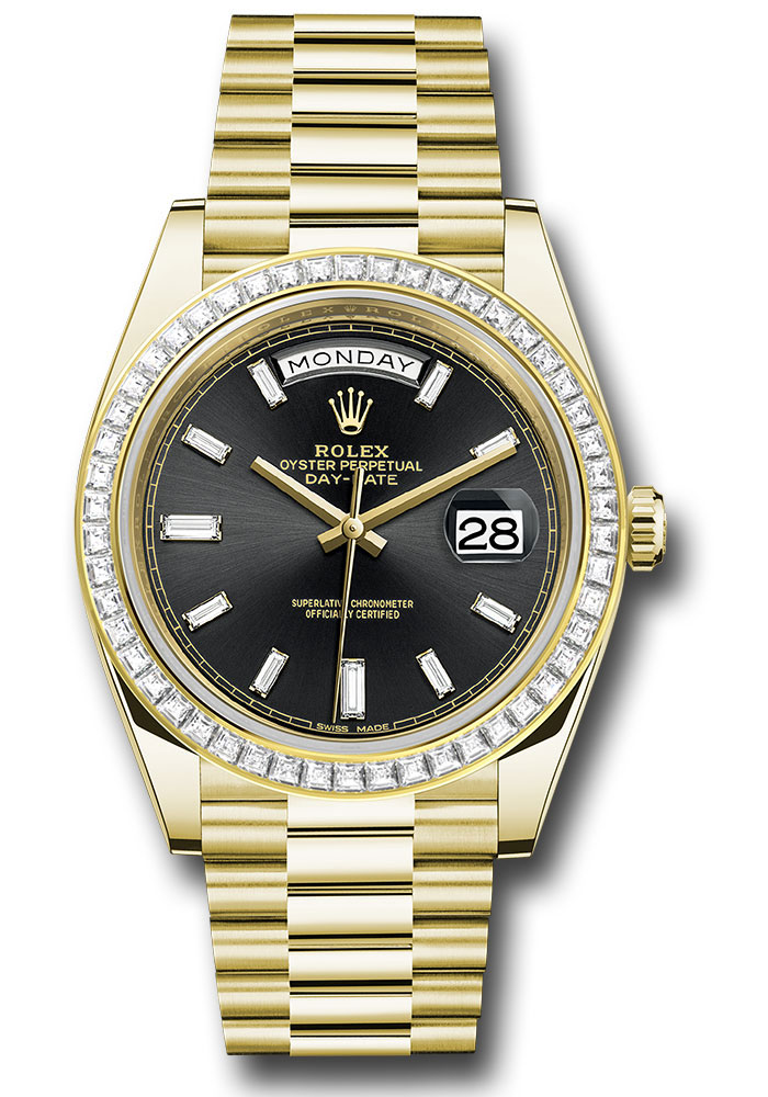 Rolex Presidential Yellow Gold Day-Date 40MM - President Bracelet - Diamond Bezel - Black Baguette Diamond Dial - 228398TBR bkbdp