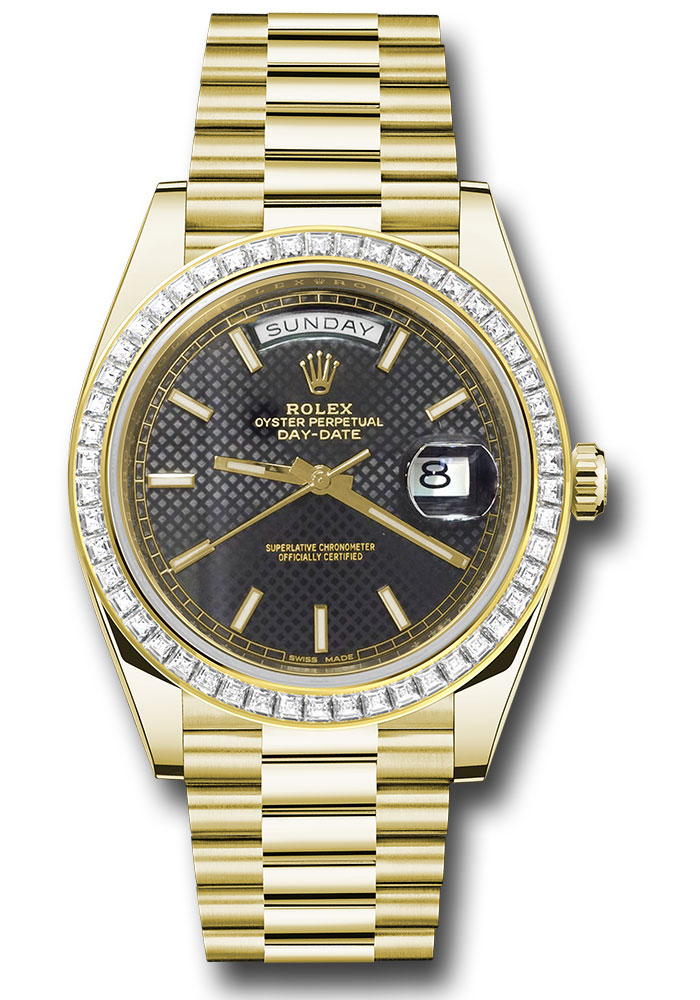 Rolex Presidential Yellow Gold Day-Date 40MM - President Bracelet - Diamond Bezel - Black Diagonal Motif Index Dial - 228398TBR bkdmip