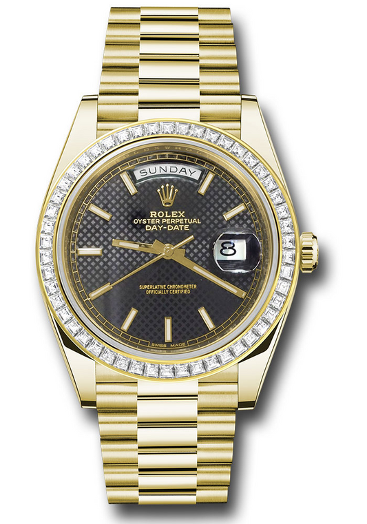 Rolex Presidential Yellow Gold Day-Date 40MM - President Bracelet - Diamond Bezel - Black Diagonal Motif Index Dial - 228398TBR bkdmip