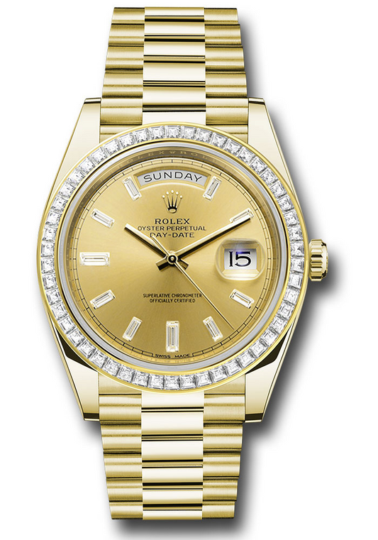 Rolex Presidential Yellow Gold Day-Date 40MM - President Bracelet - Diamond Bezel - Champagne Baguette Diamond Dial - 228398TBR chbdp