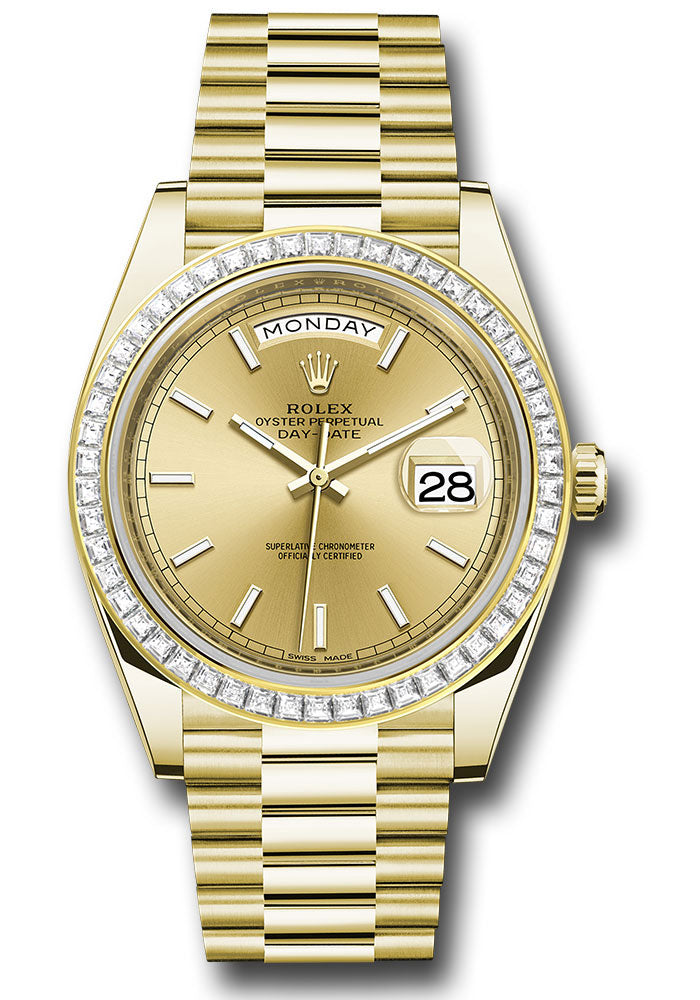 Rolex Presidential Yellow Gold Day-Date 40MM - President Bracelet - Diamond Bezel - Champagne Index Dial - 228398TBR chip