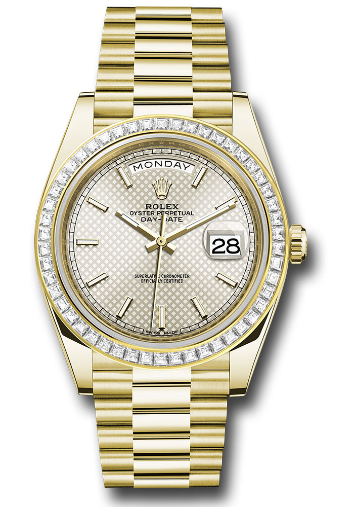 Rolex Presidential Yellow Gold Day-Date 40MM - President Bracelet - Diamond Bezel - Silver Diagonal Motif Index Dial - 228398TBR sdmip