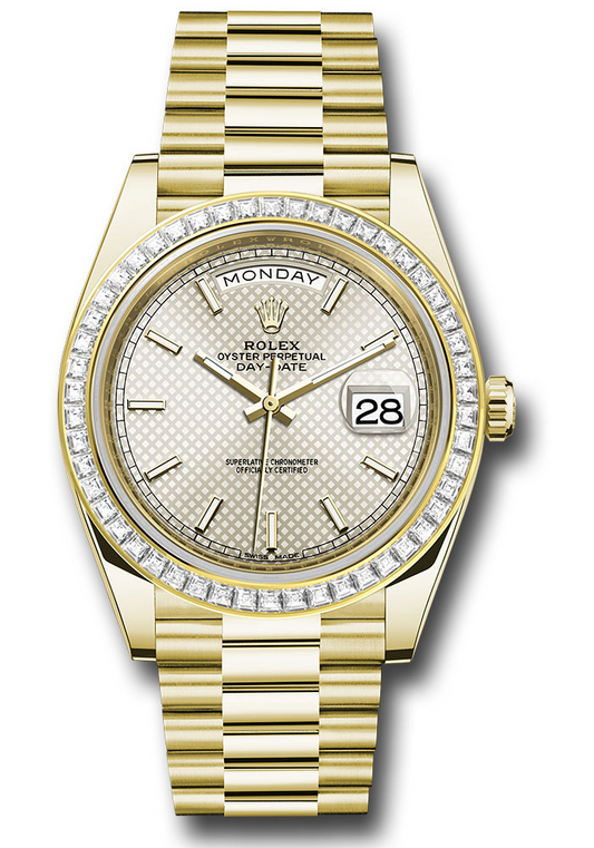 Rolex Presidential Yellow Gold Day-Date 40MM - President Bracelet - Diamond Bezel - Silver Diagonal Motif Index Dial - 228398TBR sdmip