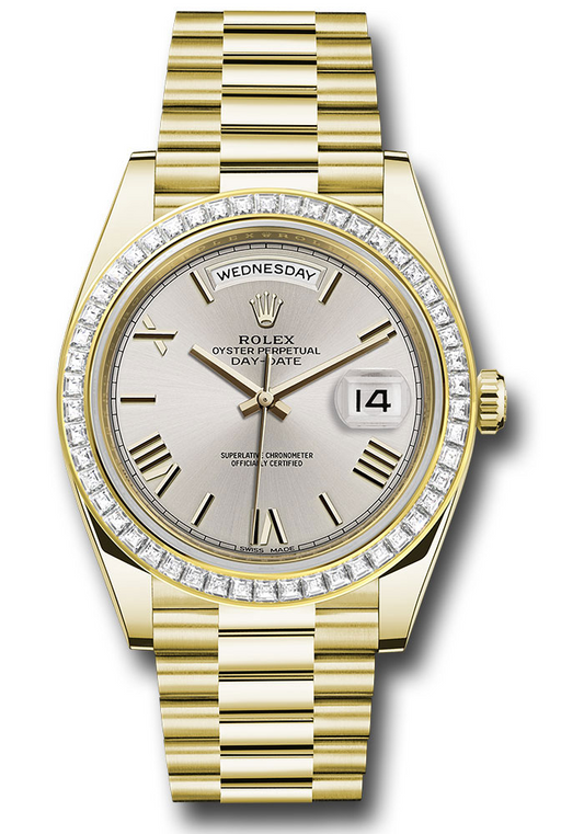 Rolex Presidential Yellow Gold Day-Date 40MM - President Bracelet - Diamond Bezel - Silver Roman Dial - 228398TBR sdrp