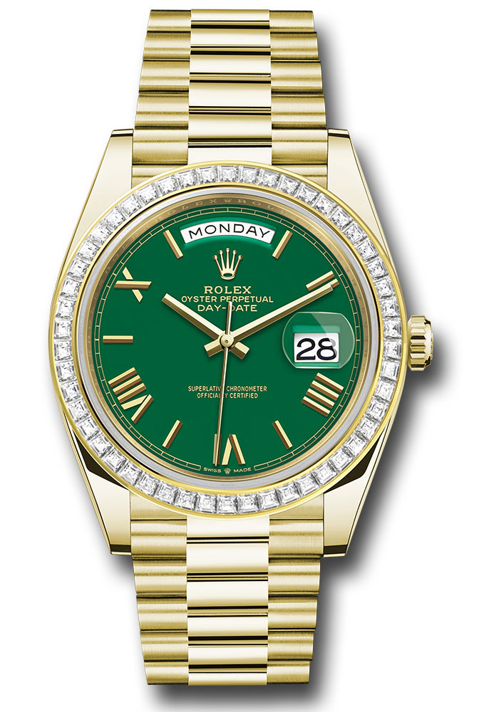 Rolex Presidential Yellow Gold Day-Date 40MM - President Bracelet - Diamond Bezel - Green Roman Dial - 228398tbr grrp