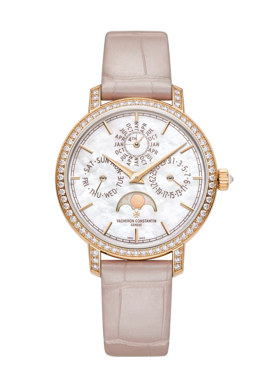 Vacheron Constantin Traditionnelle Rose Gold 36.5 MM - Pink Leather Strap - Diamond Bezel - Mother-of-pearl Dial - 4305T/000R-B947