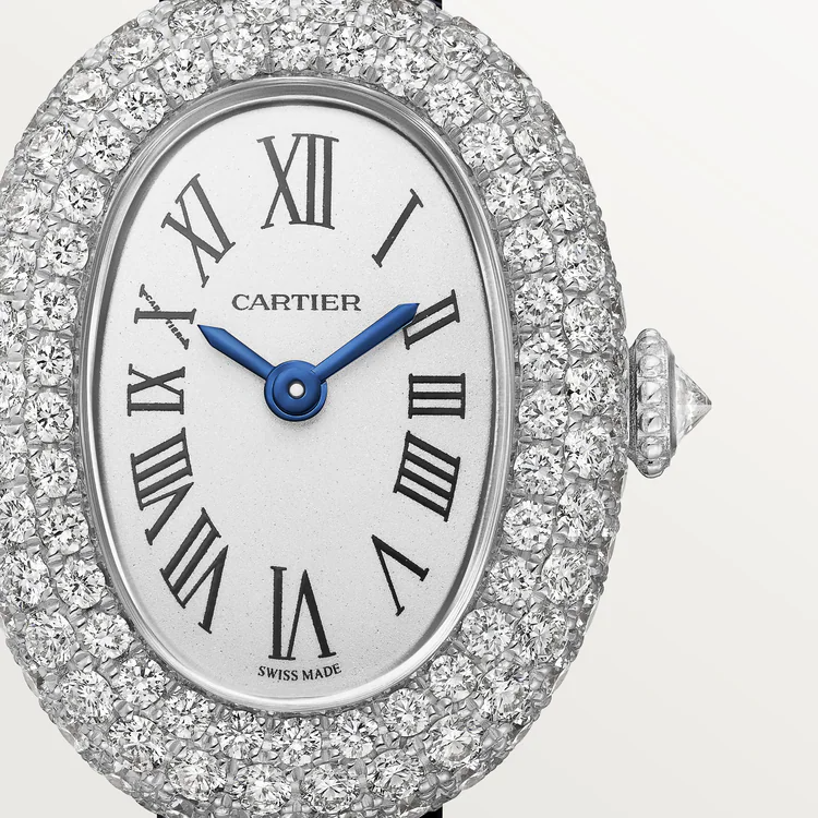 Cartier Baignoire de Cartier White Gold 24.6 MM -  Navy Blue Calfskin Strap - Diamond Bezel - Silvered Dial - WJBA0036