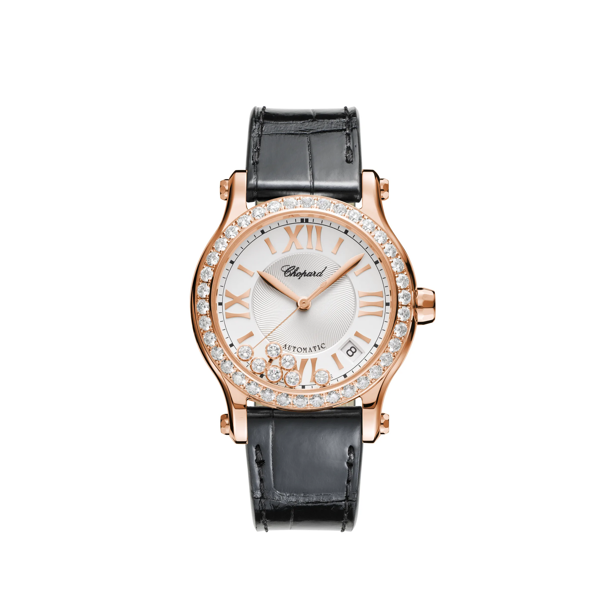 Chopard Happy Sport Rose Gold 36 MM - Black Leather Strap - Diamond Bezel -  White Diamond Dial - 274808-5003