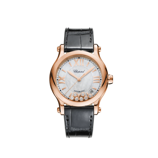 Chopard Happy Sport Rose Gold and Stainless Steel 36 MM - Black Leather Strap - White Diamond Dial - 274808-5008