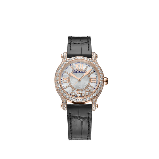 Chopard Happy Sport Rose Gold 36 MM - Black Leather Strap - Diamond Bezel -  Silver Diamond Dial - 274891-5009