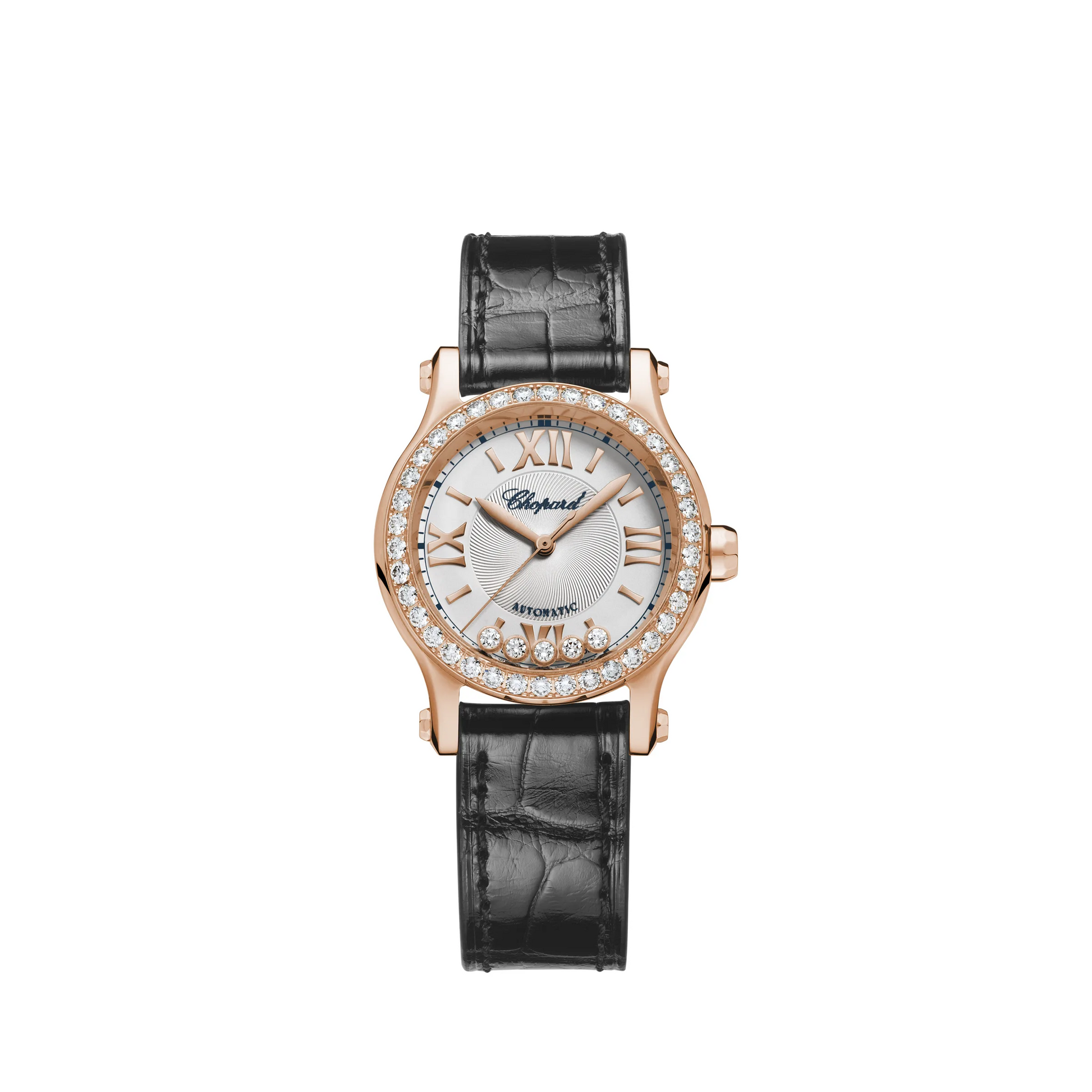 Chopard Happy Sport Rose Gold 30 MM - Black Alligator Strap - Diamond Bezel - White Diamond Dial - 274893-5012