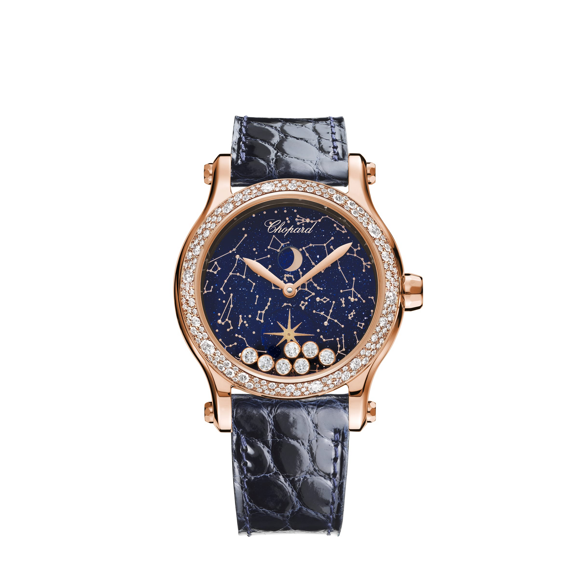 Chopard Happy Sport Rose Gold 36 MM - Blue Leather Strap - Diamond Bezel - Blue Diamond Dial - 274894-5001