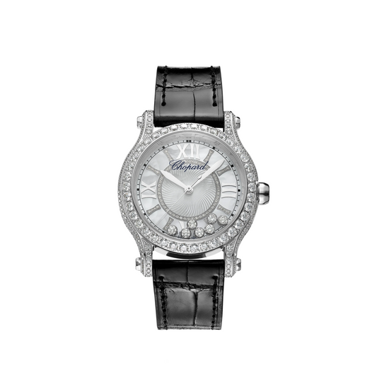 Chopard Happy Sport White Gold 36 MM - Black Leather Strap - Diamond Bezel -  Silver Diamond Dial - 274891-1008