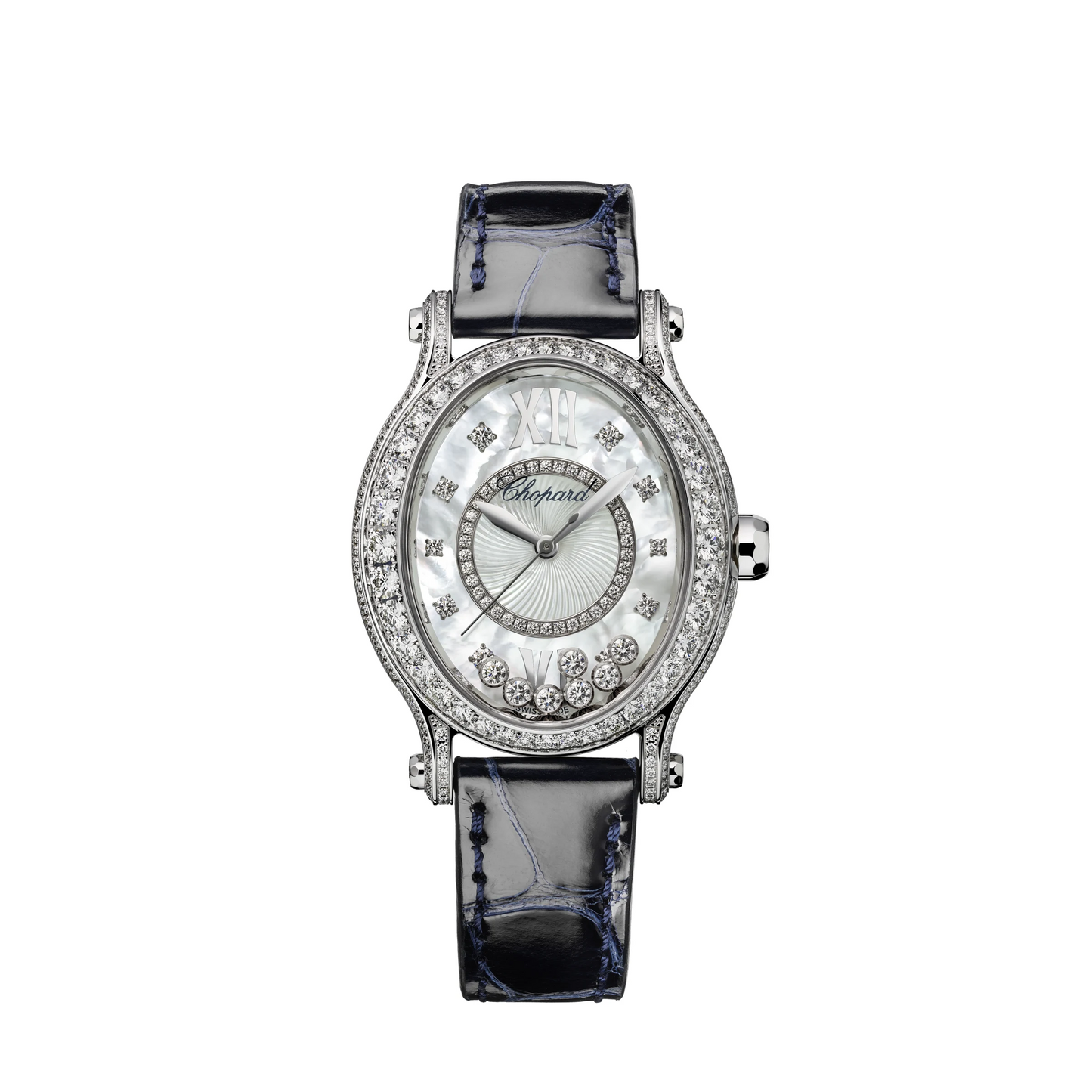 Chopard Happy Sport White Gold 29 x 31 MM - Blue Alligator Strap - Diamond Bezel - White Diamond Dial - 275372-1001