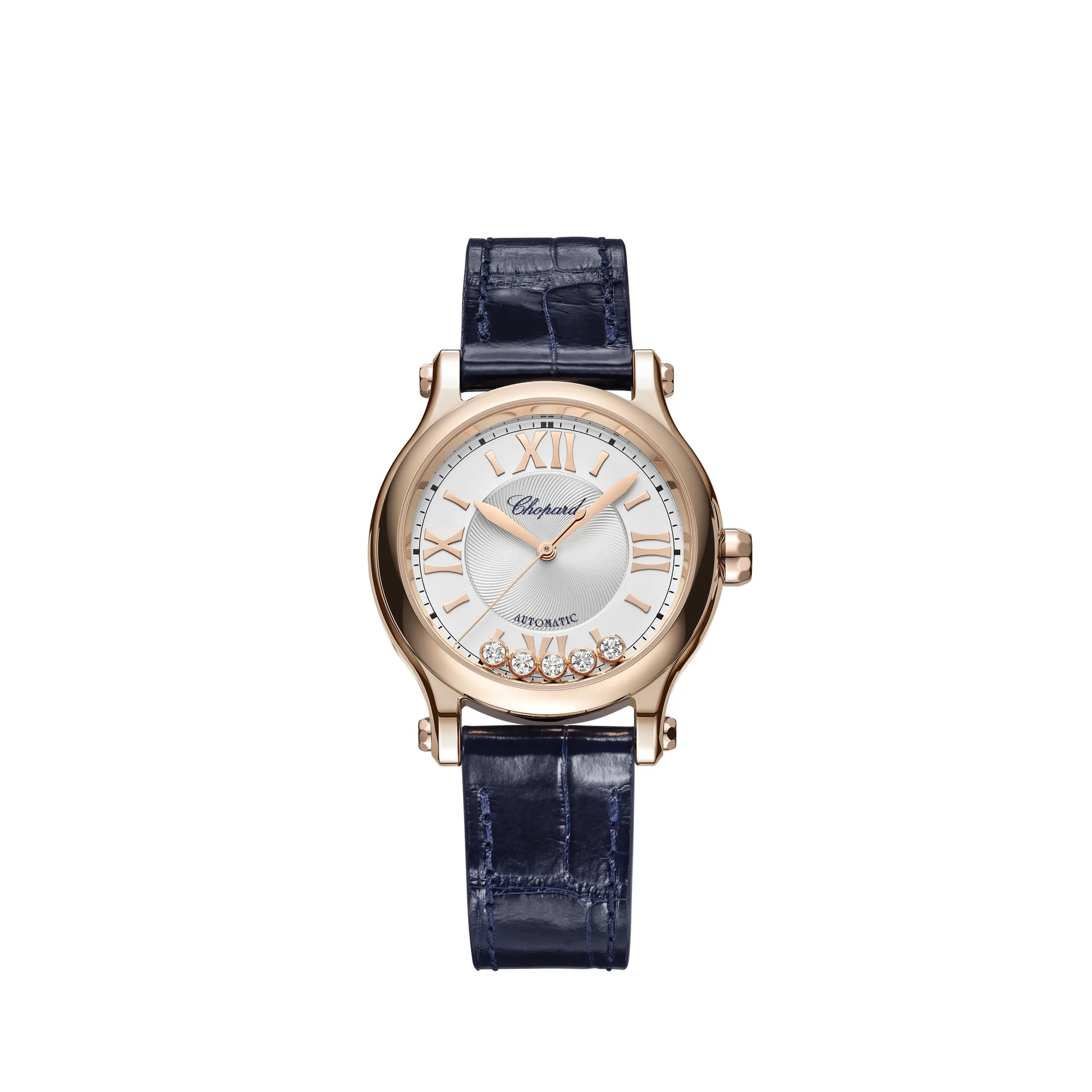 Chopard Happy Sport Rose Gold 33 MM - Blue Leather Strap - White Diamond Dial - 275378-5001