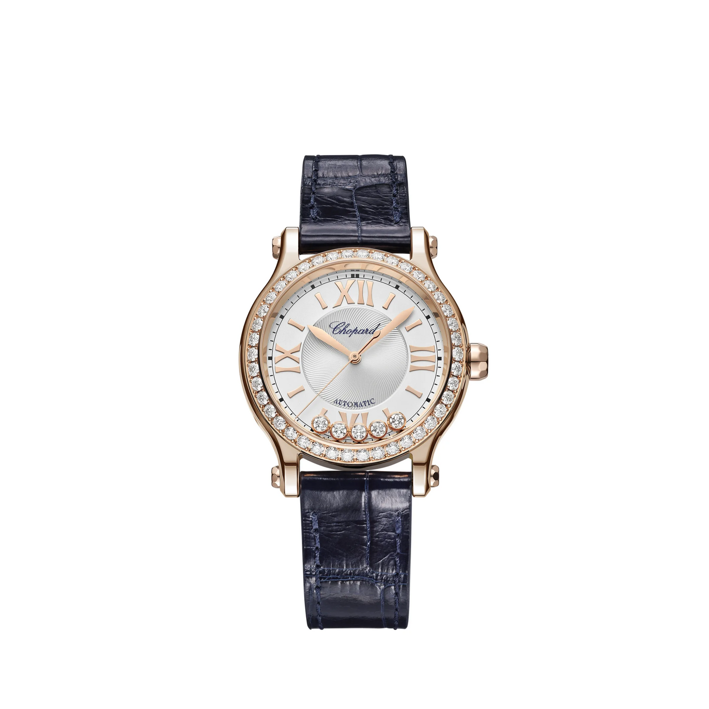 Chopard Happy Sport Rose Gold 33 MM - Blue Leather Strap - Diamond Bezel -  White Diamond Dial - 275378-5003