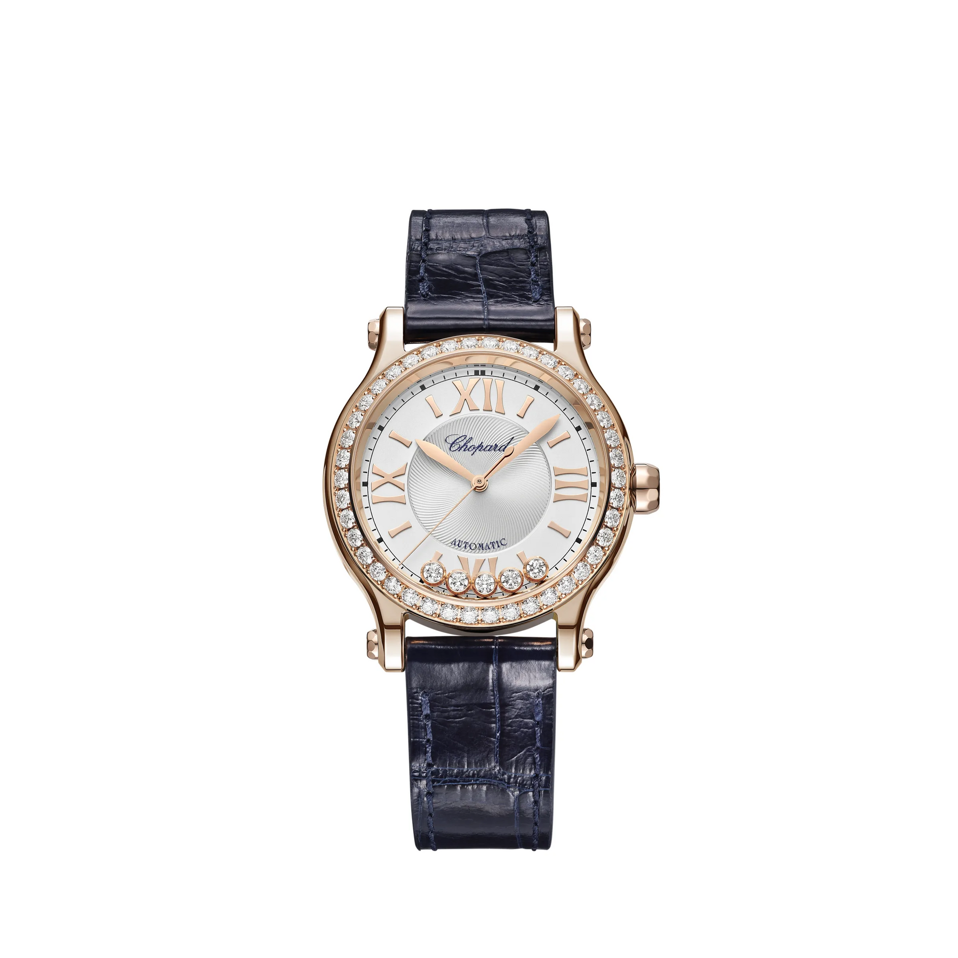 Chopard Happy Sport Rose Gold 33 MM - Blue Leather Strap - Diamond Bezel -  White Diamond Dial - 275378-5003